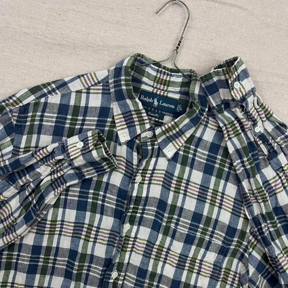 Ralph Lauren‎ Mens Blue Green Plaid 100% Linen Custom Fit Button Down Shirt L